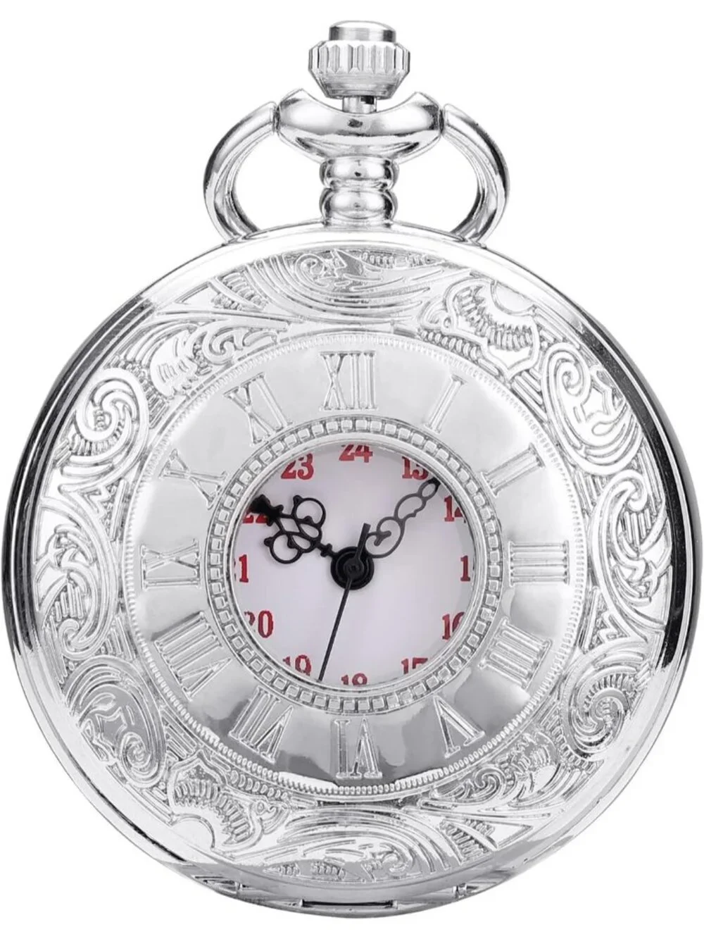 Men's Silver Quartz Engraved Wave Pattern Arabic Numerals Chain Pocket Watch
